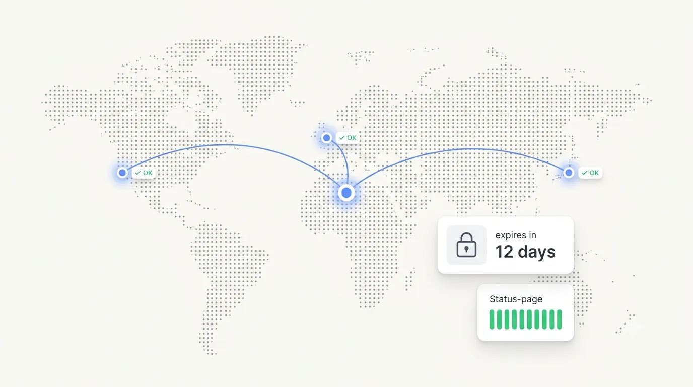 A dotted world map with three check-in nodes pinging a central service, beside a card showing an SSL certificate expiry countdown and green status-page uptime bars