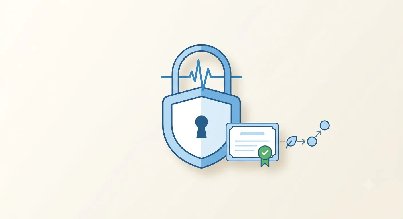 A padlock with a green verified checkmark and a certificate, over an uptime pulse line