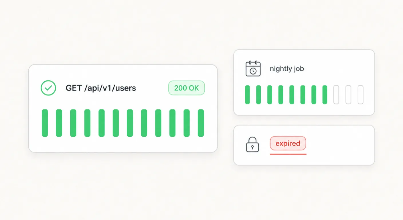 A green endpoint card reading GET /api/v1/users 200 OK beside two failing cards: a nightly job whose status bars stop partway, and a padlock marked expired
